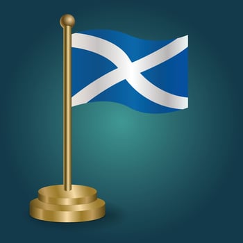Scotland national flag on golden pole on gradation isolated dark background. table flag, vector illustration