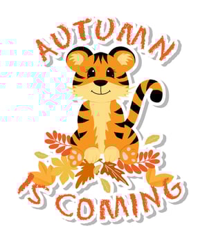Sticker with cute little tiger is sitting with autumn leaves. vector