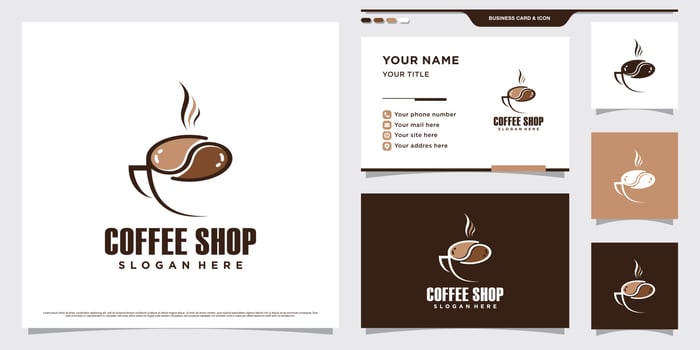 Coffee shop logo design illustration with coffee cup icon and business card template vector