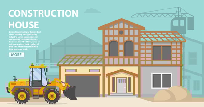 Construction site.Residential building  a brick,wooden apartment house.Construction equipment crane.Home facade garage car.Vehicles freight transportation.Flat vector.Yellow bulldozer tractor. vector
