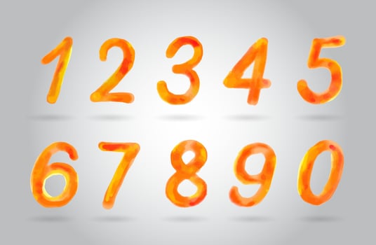 Hand drawn orange watercolor alphabet. Numbers 0-9. vector