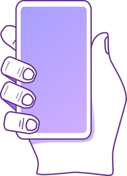 Human hand holding smartphone.Flat outline vector line art.Isolated on a white background.