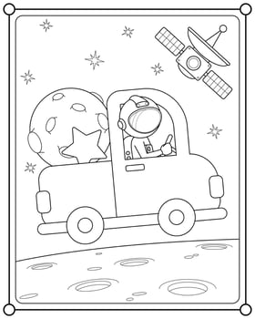 Astronaut driving a car in space suitable for children's coloring page vector illustration