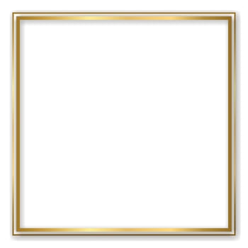 Gold shiny glowing vintage frame with shadows isolated transparent background. Golden luxury realistic rectangle border. Vector illustration