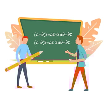 Male teacher school blackboard trains student.Concept education at the university,college.Flat illustration about the cartoon characters a vector.Mathematical formulas. Math teacher teaches a student. vector