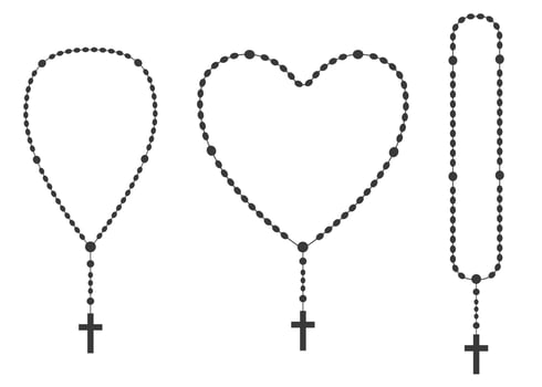 Rosary beads silhouettes set. Prayer heart shaped jewelry for meditation. Catholic chaplet with a cross. Religion symbol. Vector illustration.