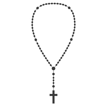 Rosary beads silhouette. Prayer jewelry for meditation. Catholic chaplet with a cross. Religion symbol. Vector illustration.