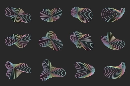 Abstract topography circles. Organic neon colored texture shapes. Vector outline holographic illustrations set.