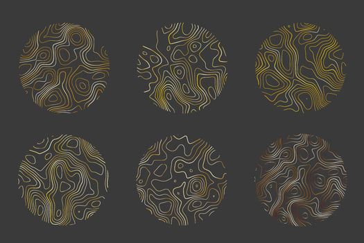 Wood texture with topography lines. Organic ripple wavy patterns. Tree rings set. Vector doodle illustration with metal gradient.