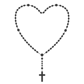 Rosary beads silhouette. Prayer heart shaped jewelry for meditation. Catholic chaplet with a cross. Religion symbol. Vector illustration.