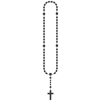 Rosary beads silhouette. Prayer jewelry for meditation. Catholic chaplet with a cross. Religion symbol. Vector illustration.