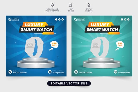 Luxury smartwatch sale social media post vector with blue and green colors. Classic clock and gadget advertisement template. Product presentation and sale offer template vector for digital marketing.