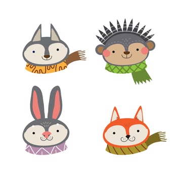 Set of cartoon stickers avatars of forest characters. Collection of cute animals. Husky, hedgehog, hare, fox. Heads with funny expressions. Flat vector