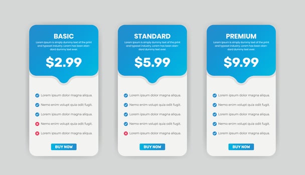 Pricing tables and plans list comparison infographic design template vector