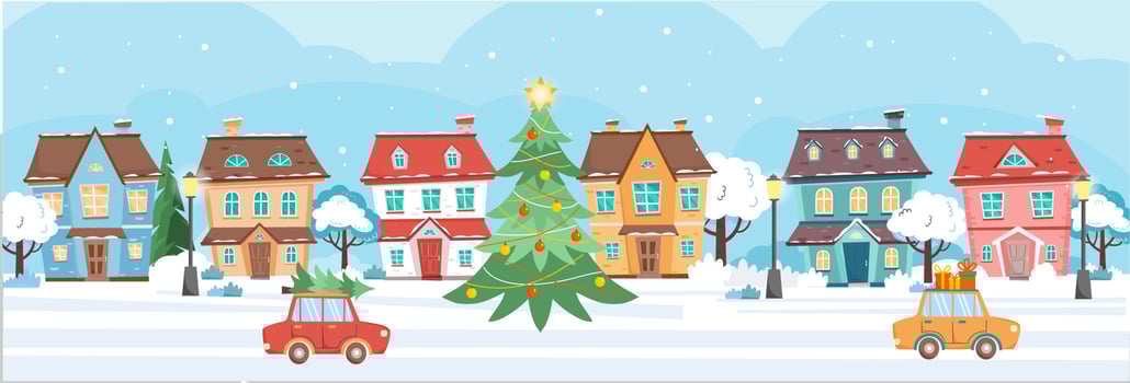 Horizontal banner with cute houses at winter snow day. Cottages, trees, street lamps, christmas tree, cars. Winter town at day time. vector