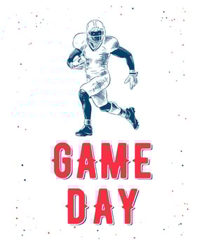 Vector engraved style illustration for posters, decoration and print. Hand drawn sketch of american football player with modern typography on white background. Detailed vintage etching style drawing.