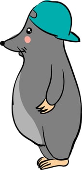 Fat mole with hat, illustration, vector on white background.