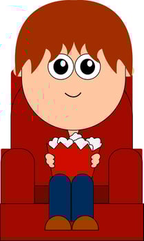 Cute boy at the cinema, illustration, vector on white background.