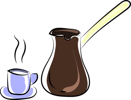 Coffee maker and coffee, illustration, vector on white background.