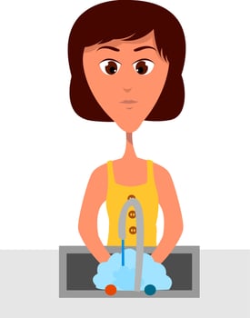 Girl washing dishes, illustration, vector on white background.
