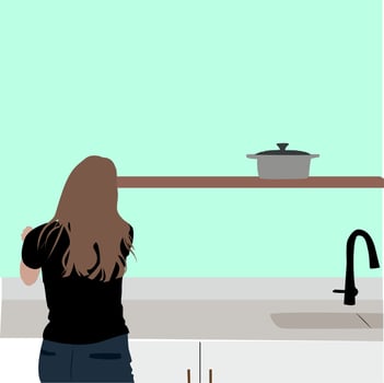 Woman in kitchen, illustration, vector on white background.
