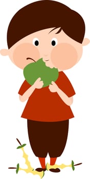 Kid eating apple, illustration, vector on white background.