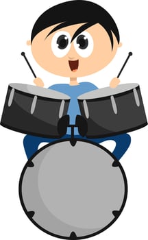 Boy playing drums , illustration, vector on white background