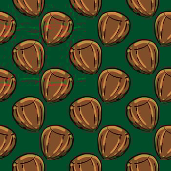Brown hazelnut,seamless pattern on dark green background. vector