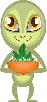 Alien holding plant, illustration, vector on white background.