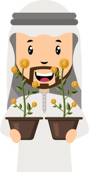 Arab holding flowers, illustration, vector on white background.