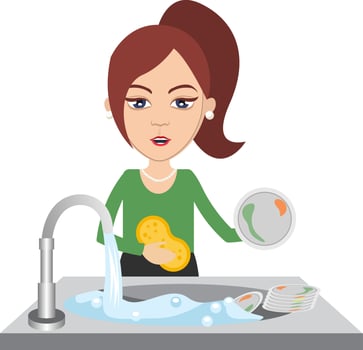 Woman washing dishes, illustration, vector on white background.