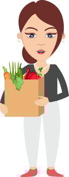 Woman holding bag with groceries, illustration, vector on white background.