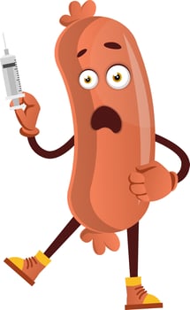 Sausage holding injection, illustration, vector on white background.