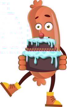 Sausage with birthday cake, illustration, vector on white background.