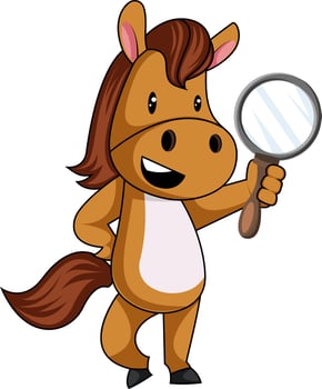 Horse with magnifier tool, illustration, vector on white background.