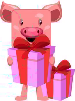 Pig with gift, illustration, vector on white background.