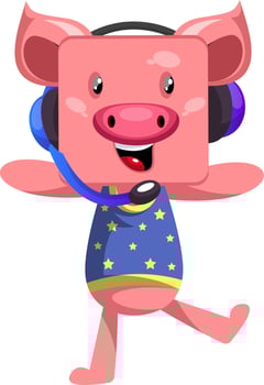 Pig with headphones, illustration, vector on white background.