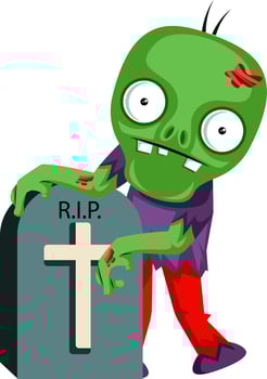 Zombie at grave, illustration, vector on white background.