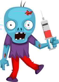 Zombie with injection, illustration, vector on white background.