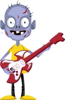 Zombie with guitar, illustration, vector on white background.