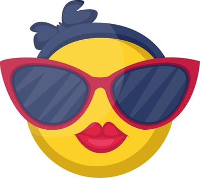 Round female emoji yellow face with pink lips and big sunglasses vector illustration on a white background