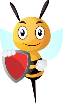 Bee holding a shield, illustration, vector on white background.