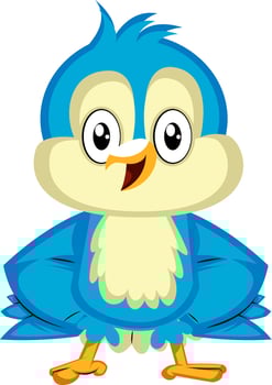 Blue bird is standing with his wings on hips, illustration, vector on white background.