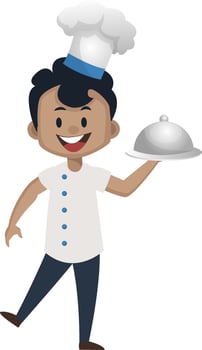 Boy is serving a meal, illustration, vector on white background.