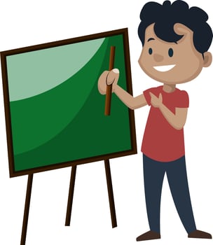 Boy is pointing on a blackboard, illustration, vector on white background.