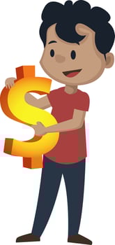 Boy is holding dollar sign, illustration, vector on white background.