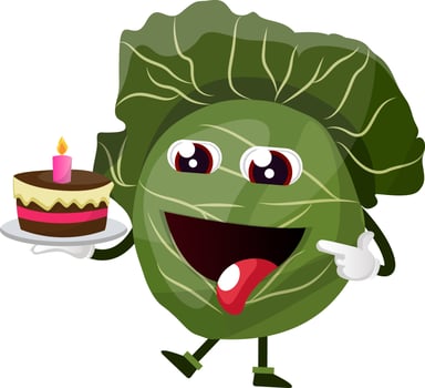 Cabbage is holding a birthday cake, illustration, vector on white background.