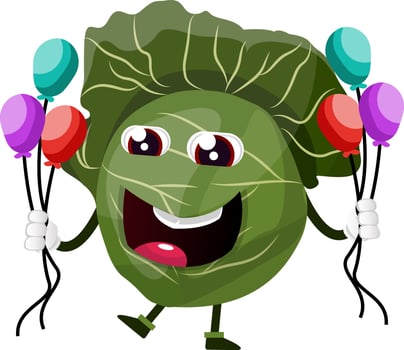 Cabbage with balloons, illustration, vector on white background.