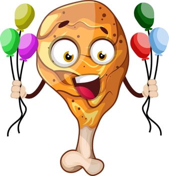 Happy, fried chicken leg holding balloons, illustration, vector on white background.