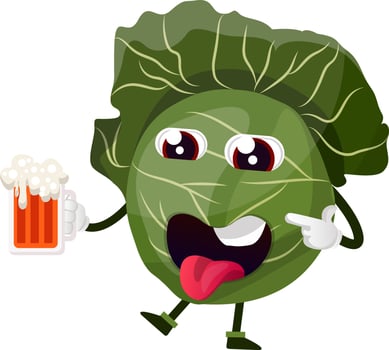 Cabbage with a beer glass, illustration, vector on white background.